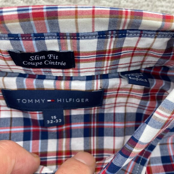 Tommy Hilfiger Shirt Men Size 15 32-33 Slim Fit Blue Red White Plaid Button Down - Picture 4 of 8